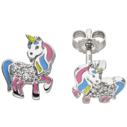 Kinder Ohrstecker "Einhorn" 925 Silber mit 14 Zirkonia und Lack bunt