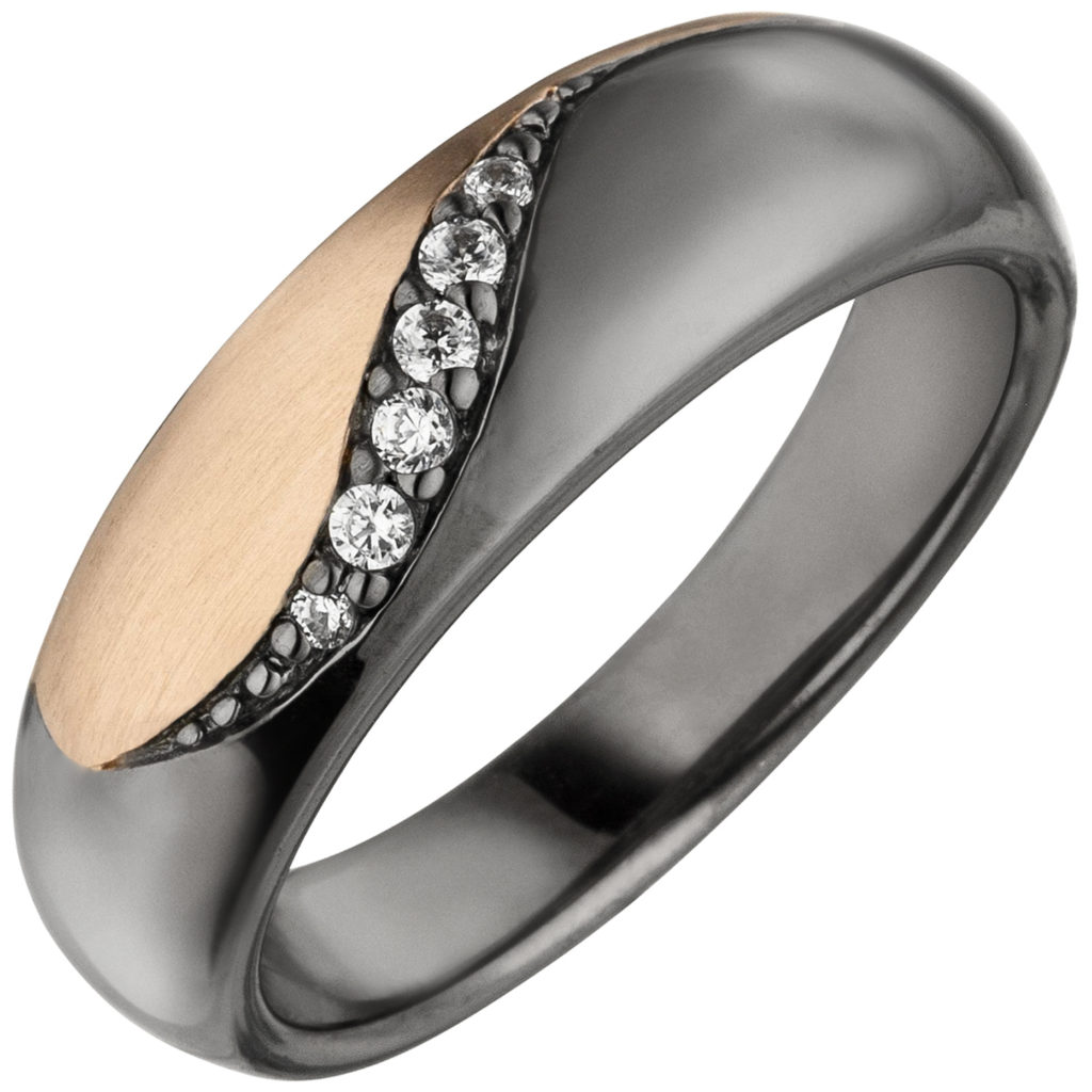 Ring 925 Silber/teilrotvergoldet und schwarz mit 6 Zirkonia weiß ...