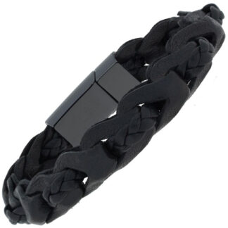 Lederarmband schwarz teilgeflochten mit Magnetverschluss Keramik 23 cm