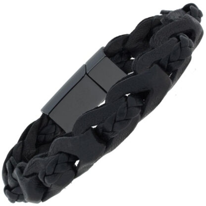 Lederarmband schwarz teilgeflochten mit Magnetverschluss Keramik 23 cm