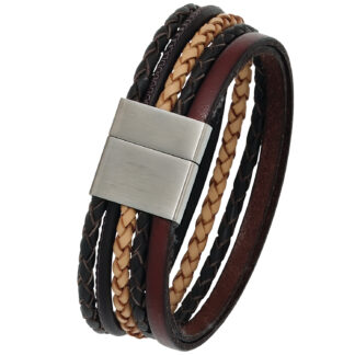 Lederarmband mehrreihig in schwarz, beige, braun mit Edelstahl  20 cm