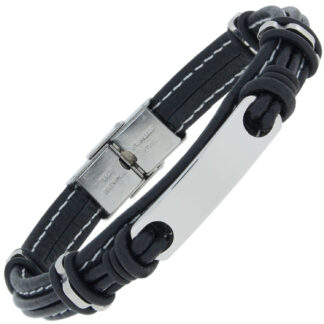 Lederarmband schwarz mit Ziernähten und Edelstahl 19 cm
