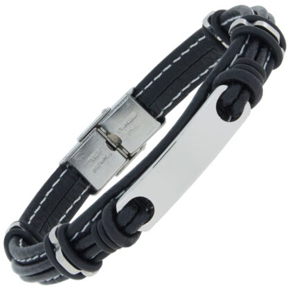 Lederarmband schwarz mit Ziernähten und Edelstahl ca. 21 cm