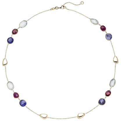 Collier 585 Gelbgold mit 12 Turmalinen blau, hellblau und rot