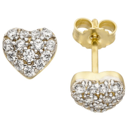 Ohrstecker "Herz" 375 Gelbgold mit 28 Zirkonia weiß