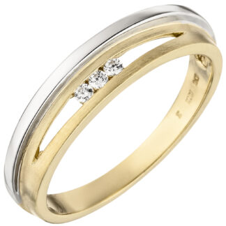 Ring bicolor mehrbahnig 375 Gelb-/Weißgold mit 3 Zirkonia