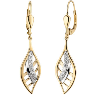Boutons in Blattform 375 Gelbgold mit Zirkonia weiß