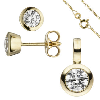Schmuck-Set 333 Gelbgold mit Zirkonia rund Ohrstecker, Anhänger, Kette 42 cm