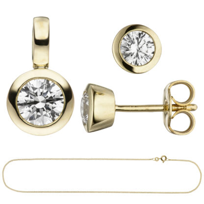 Schmuck-Set 333 Gelbgold mit Zirkonia rund gefasst Ohrstecker, Anhänger, Kette 45 cm – Bild 4