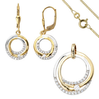 Schmuck-Set 333 Gelbgold mit Zirkonia Boutons, Anhänger, Kette 42 cm kreisförmig