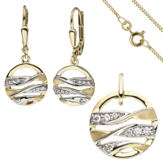 Schmuck-Set 333 Gelbgold mit Zirkonia rund abstrakt Boutons, Anhänger, Kette 45 cm