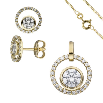 Schmuck-Set: Ohrstecker, Anhänger und Panzerkette 333 Gelbgold mit Zirkonia 42 cm