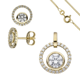 Schmuck-Set 333 Gelbgold mit Zirkonia rund Ohrstecker, Anhänger, Kette 45 cm