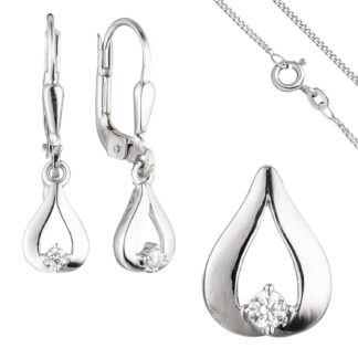 Schmuck-Set "Tropfen" 333 Weißgold mit Zirkonia Boutons, Anhänger, Kette 45 cm
