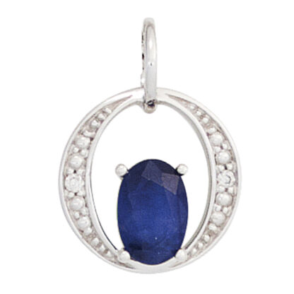 Anhänger oval 585 Weißgold mit Blue Saphir und Brillanten