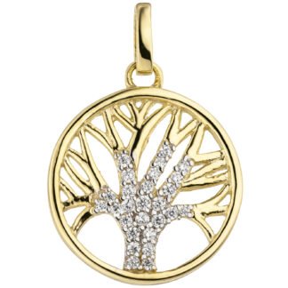 Anhänger rund "Baum" 375 Gelbgold mit 27 Zirkonia weiß