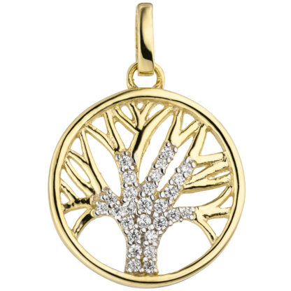Anhänger rund "Baum" 375 Gelbgold mit 27 Zirkonia weiß
