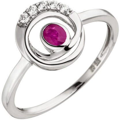 Ring 375 Weißgold mit Rubin und Zirkonia weiß rund abstrakt