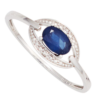 Ring oval 585 Weißgold mit Blue Saphir und Brillanten