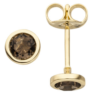 Ohrstecker rund 585 Gelbgold mit Rauchquarz