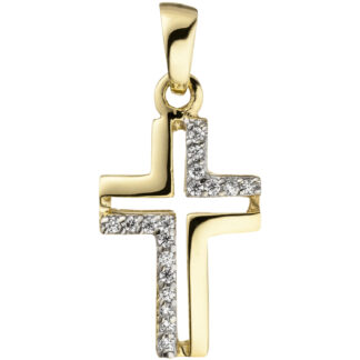 Anhänger "Kreuz" 375 Gelbgold mit 18 Zirkonia weiß