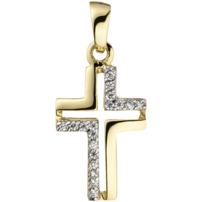 Anhänger "Kreuz" 375 Gelbgold mit 18 Zirkonia weiß