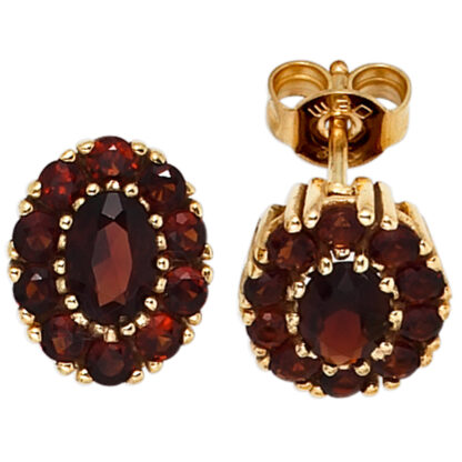 Ohrstecker "Rosette" 375 Gelbgold mit 22 Granat Edelsteinen rot