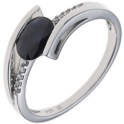 Ring 585 Weißgold mit Blue Saphir oval und 10 Brillanten