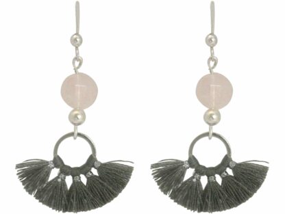 Ohrhaken 925 Silber mit Rosenquarz und grauen Quasten