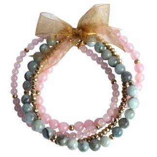 Armband-Set mit Rosenquarz, Aquamarin und Pyrit goldfarben