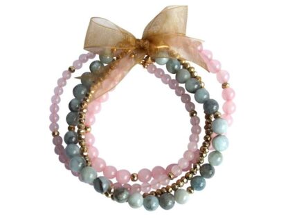 Armband-Set mit Rosenquarz, Aquamarin und Pyrit goldfarben