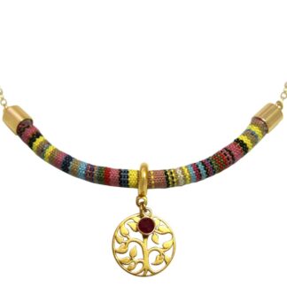 Collier Retro Boho Baumwolle und Kette mit Lebensbaum und Rubin