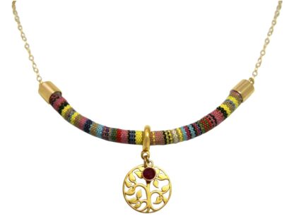 Collier Retro Boho Baumwolle und Kette mit Lebensbaum und Rubin