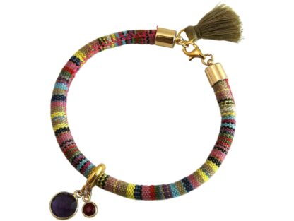 Armband Retro Boho Baumwolle mit Amethyst violett und Rubin