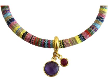 Armband Retro Boho Baumwolle mit Amethyst violett und Rubin – Bild 3