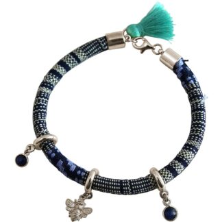 Armband Retro Boho Baumwolle bunt 2 Blue Saphire und Biene 925 Silber