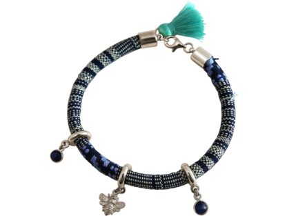 Armband Retro Boho Baumwolle bunt 2 Blue Saphire und Biene 925 Silber