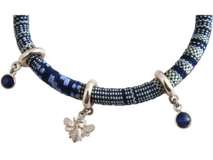 Armband Retro Boho Baumwolle bunt 2 Blue Saphire und Biene 925 Silber – Bild 3