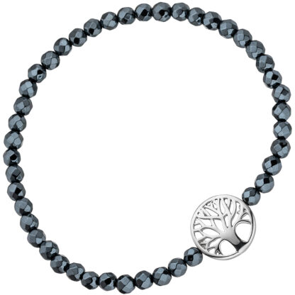 Hämatit-Armband schwarz mit Anhänger "Lebensbaum" 925 Silber