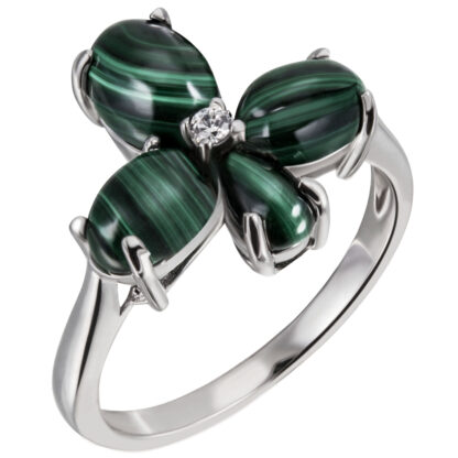 Ring "Blüte" 925 Silber mit Malachit-Cabochons und Zirkonia weiß