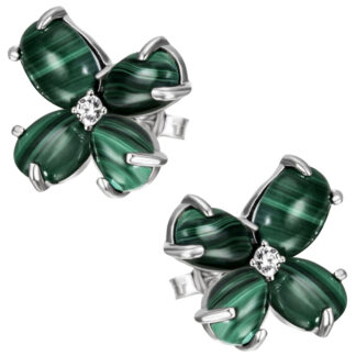 Ohrstecker "Blüte" 925 Silber mit Malachit-Cabochons und Zirkonia weiß