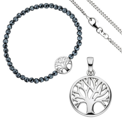 Set mit Motiv "Lebensbaum" 925 Silber, Hämatit-Armband, Kette 38 cm
