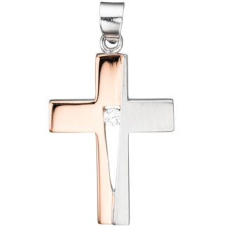 Anhänger "Kreuz" 925 Silber/teilrotvergoldet mit Zirkonia weiß