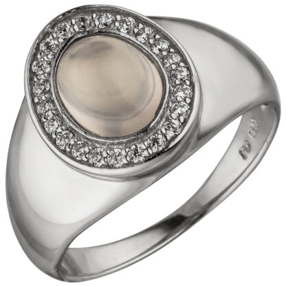 Ring oval 925 Silber mit Rosenquarz und 22 Zirkonia weiß