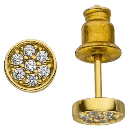 Ohrstecker rund Edelstahl/PVD 24k Gelbgold mit 14 Zirkonia weiß