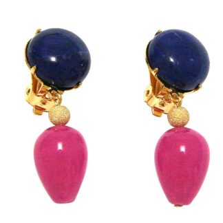 Ohrclips vergoldet mit Lapis Lazuli und Jade-Tropfen rosa