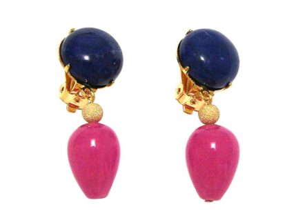 Ohrclips vergoldet mit Lapis Lazuli und Jade-Tropfen rosa