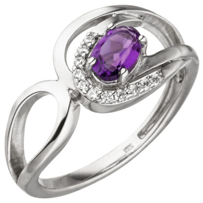 Ring Doppel-Tropfen abstrakt 333 Weißgold mit Amethyst und Zirkonia