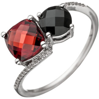 Ring 585 Weißgold mit Granat rot, Onyx und Brillanten