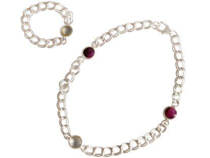 Gliederarmband 925 Silber mit 2 Rubinen und 1 Rosenquarz